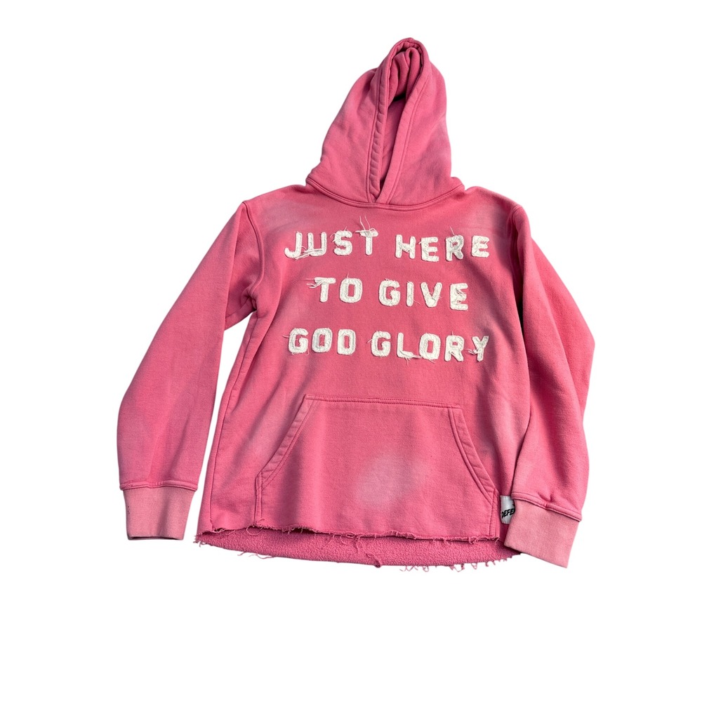 Deferential Pink Distressed Hoodie Just Here To Give God Glory Cross Graphic S